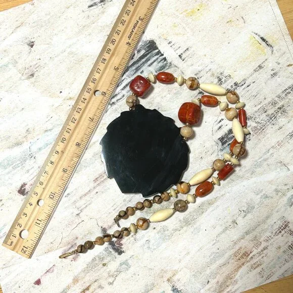 Lee Sands Designer Vintage Lion Face Stone Bead Statement Huge Necklace Retro - Picture 7 of 9